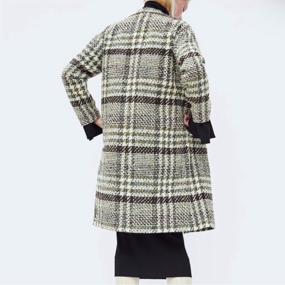 ❌ S O L D ❌ ZARA Black Cream Plaid Houndstooth Tweed Lapeless Long Coat Medium - Picture 3 of 15